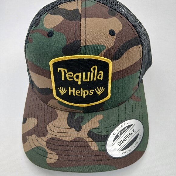 Tequila Helps Embroidered Patch Camo Mesh Snapback Hat - Picture 1 of 5
